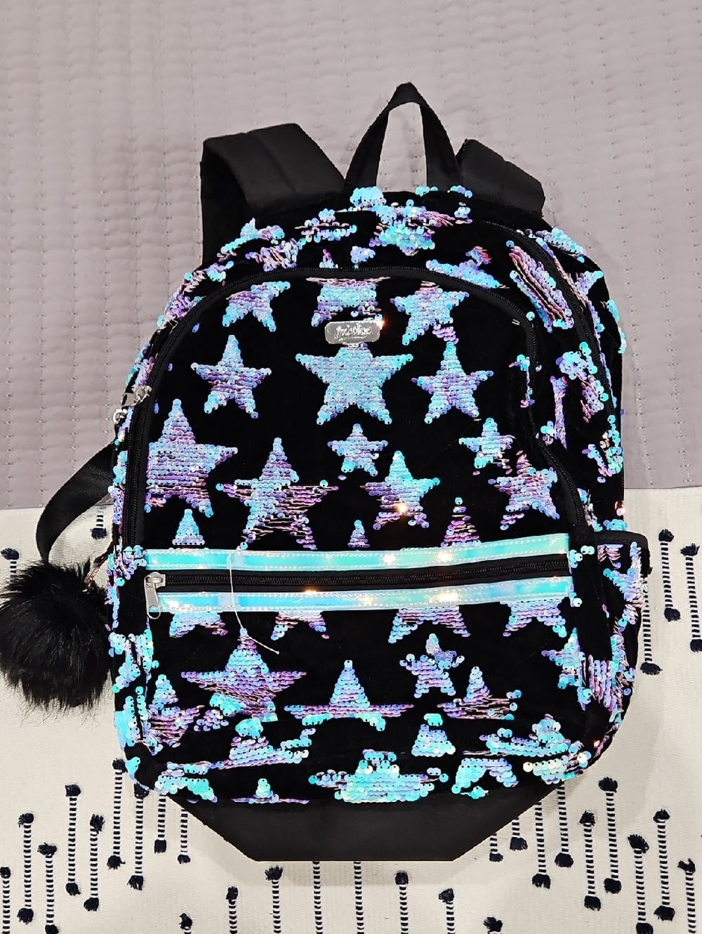 Justice Black Backpack with Iridescent Sequin Stars